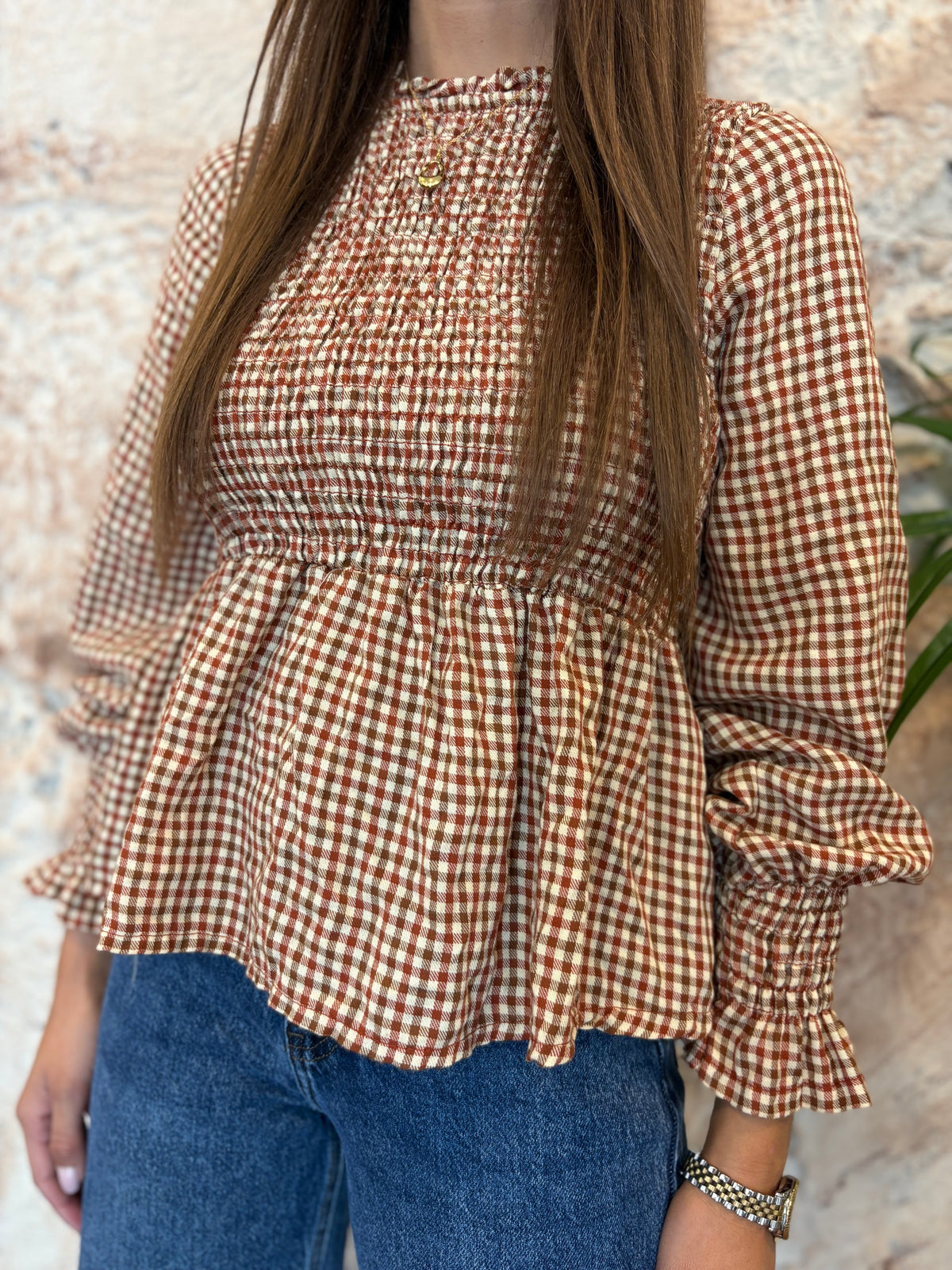 BLUSA PANEL DE ABEJA VICHY TEJA-MARRÓN