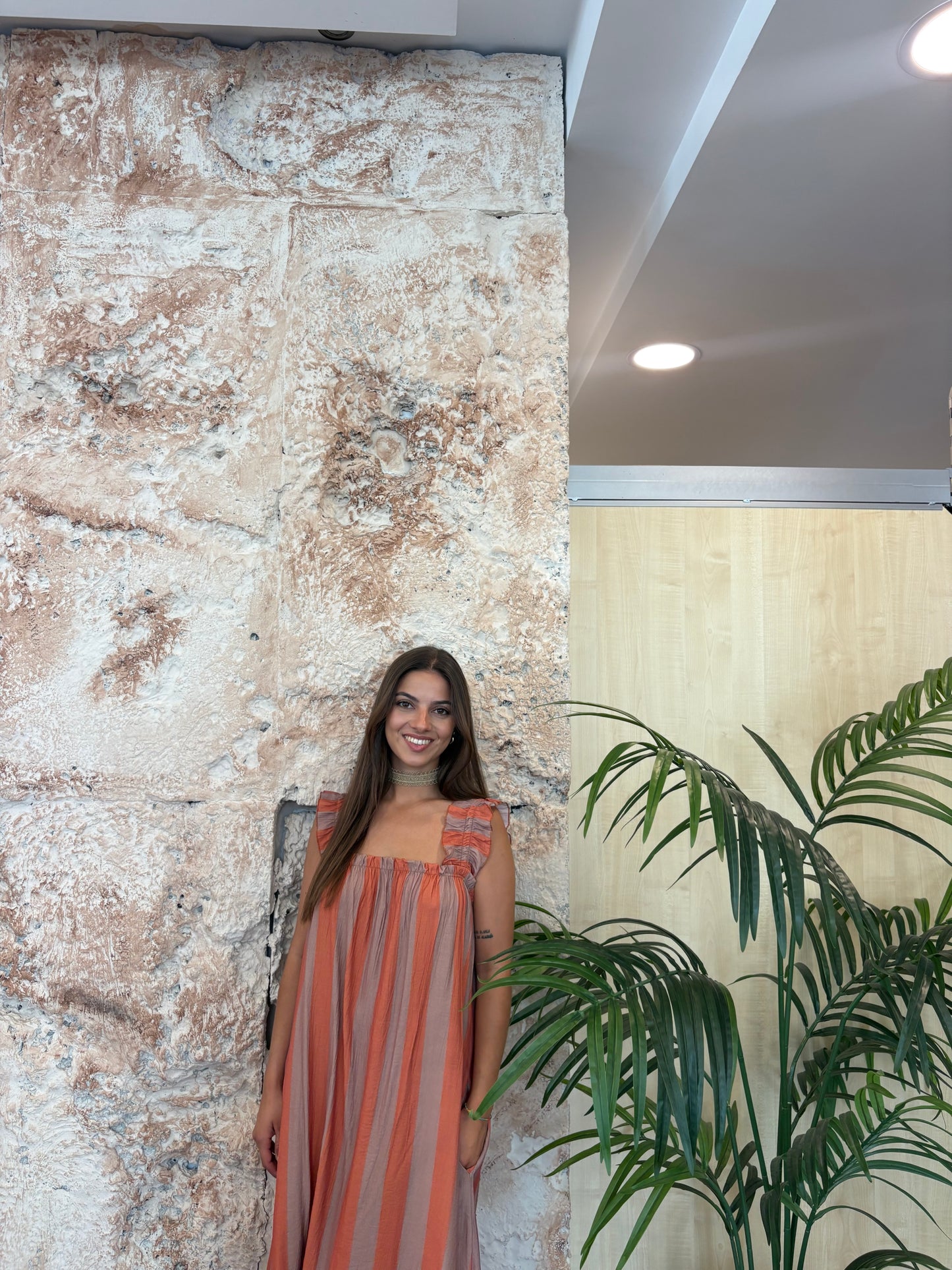 VESTIDO TIRANTE FRUNCIDO RAYAS TAUPE - NARANJA