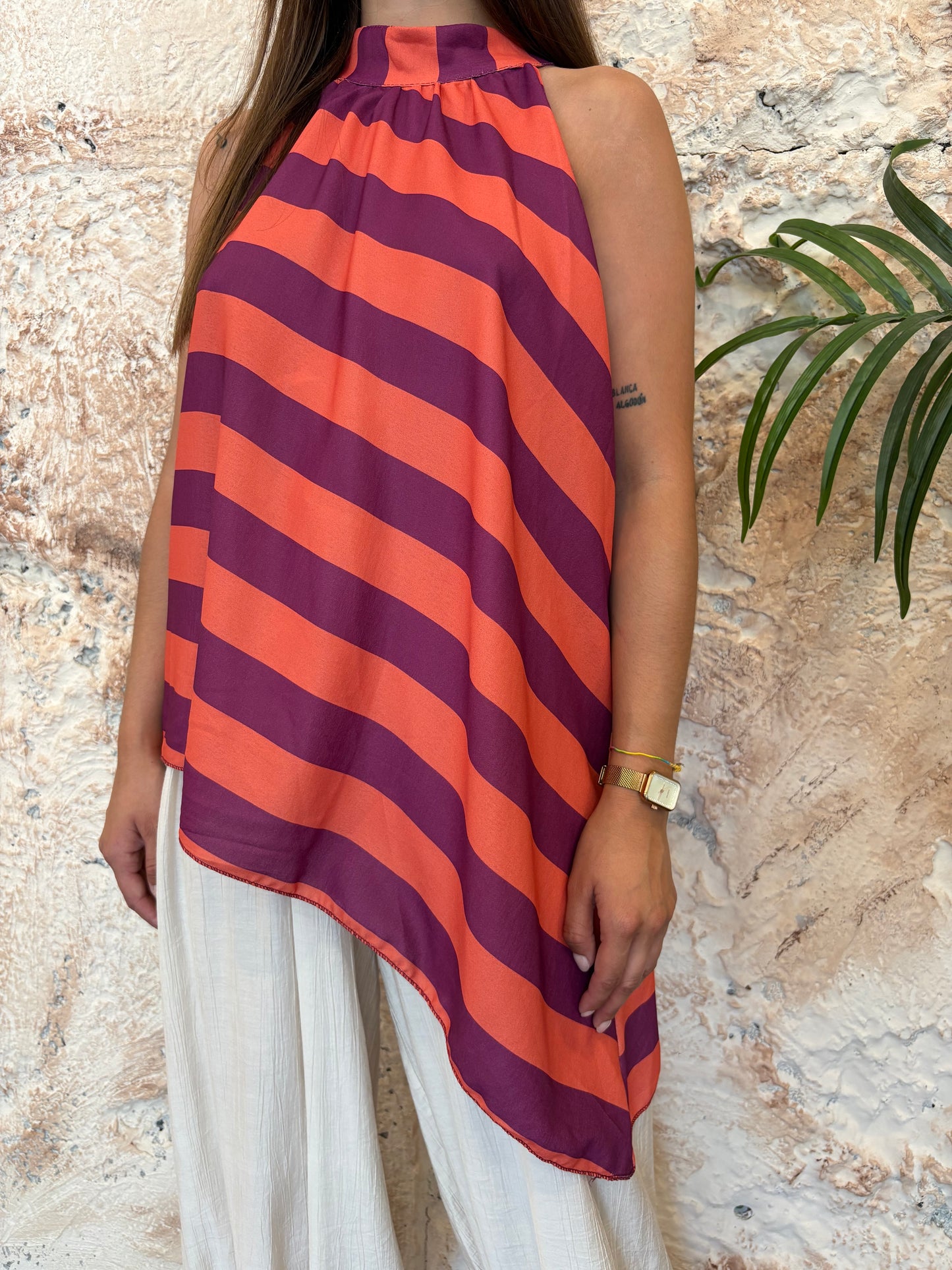 BLUSA CUELLO HALTER RAYAS NARANJA-LILA