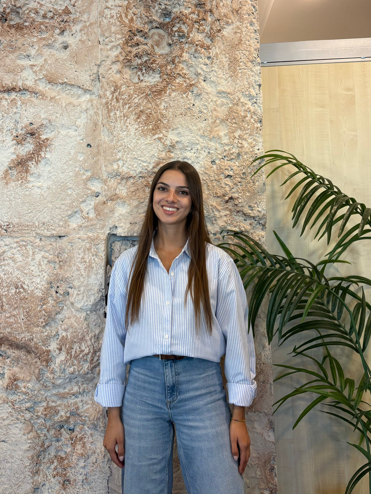CAMISA RAYAS BLANCA - CELESTE