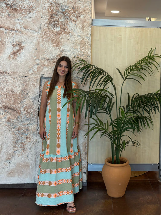 VESTIDO ESTAMPADO ÉTNICOS VERDE AGUA Y NARANJA