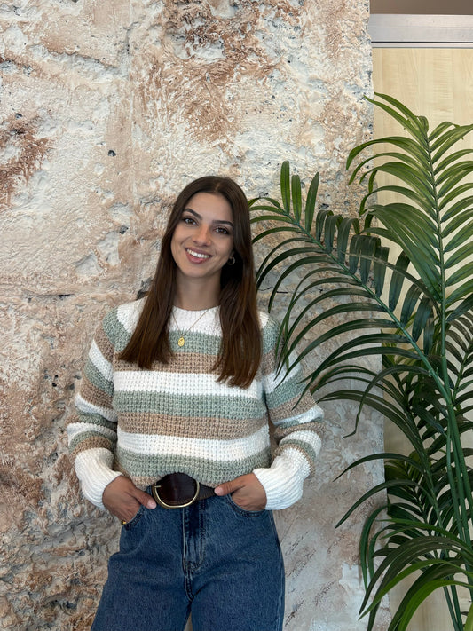 JERSEY CHENILLA RAYAS BEIGE-CAMEL-VERDE