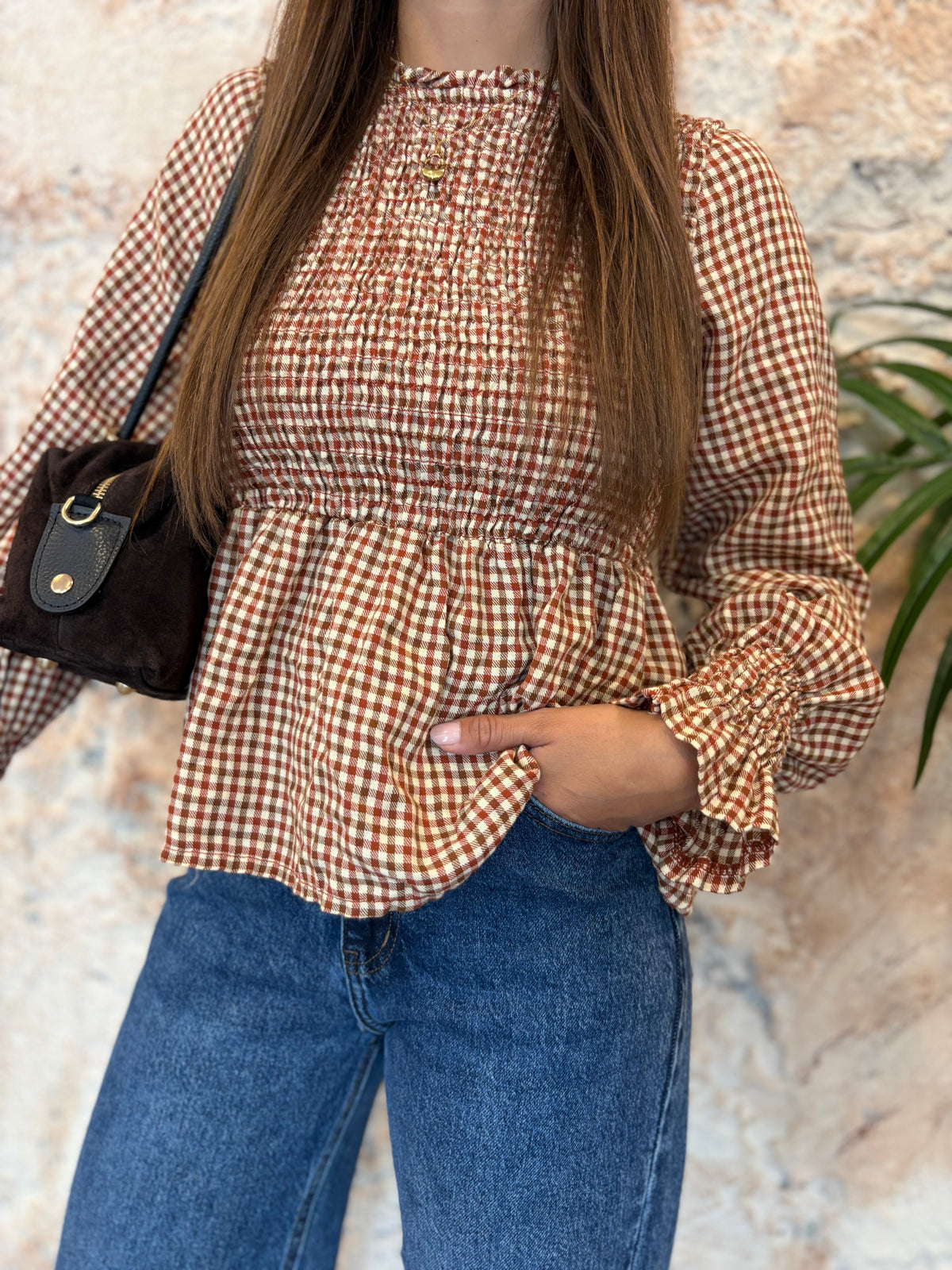 BLUSA PANEL DE ABEJA VICHY TEJA-MARRÓN