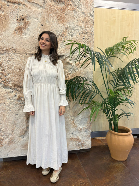 VESTIDO LARGO PANEL CUELLO RIZO BEIGE