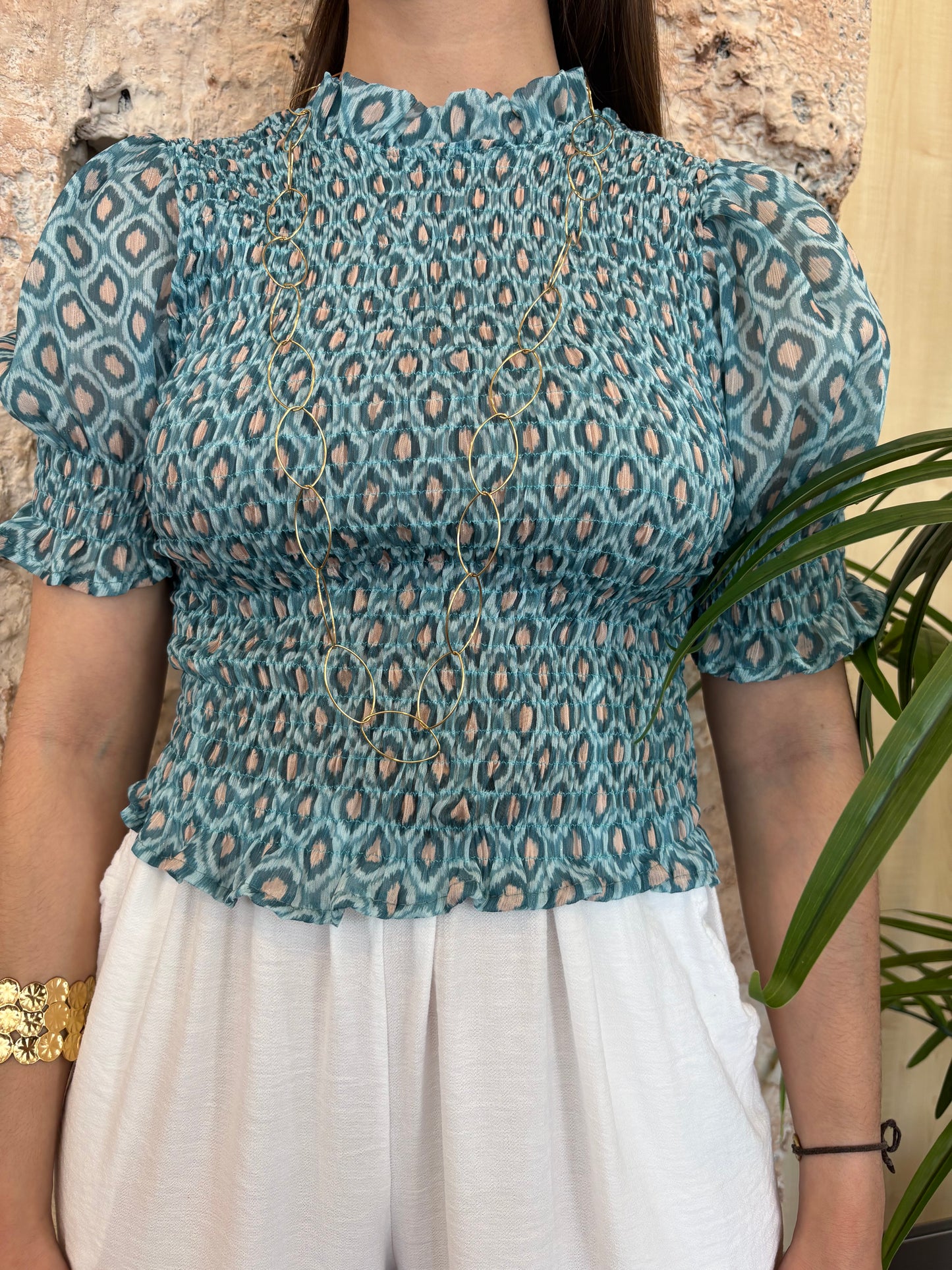 BLUSA PANEL DE ABEJA MANGA CORTA ESTAMPADA VERDE AGUA