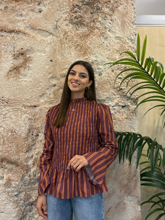 BLUSA PANEL DE ABEJA MORADA-NARANJA