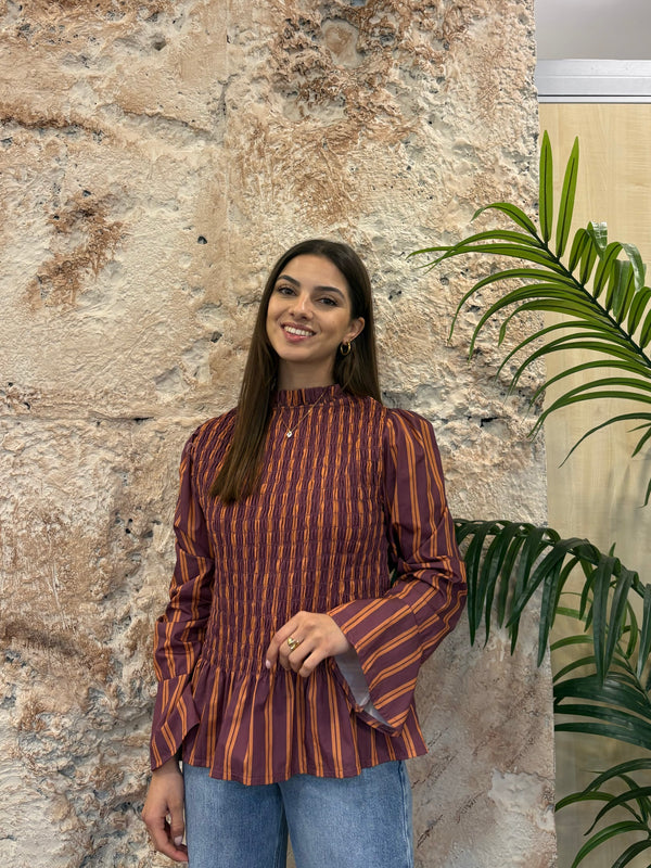BLUSA PANEL DE ABEJA MORADA-NARANJA