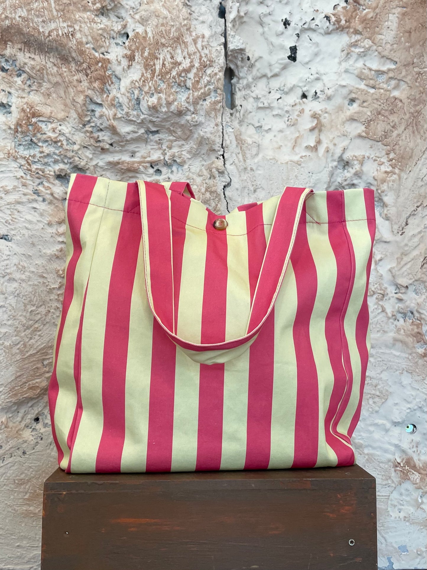 BOLSO SHOPPER TELA RAYAS ROSA - MANTEQUILLA
