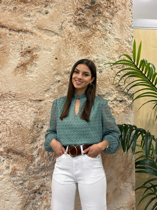 BLUSA CUELLO HALTER ESTAMPADA VERDE AGUA