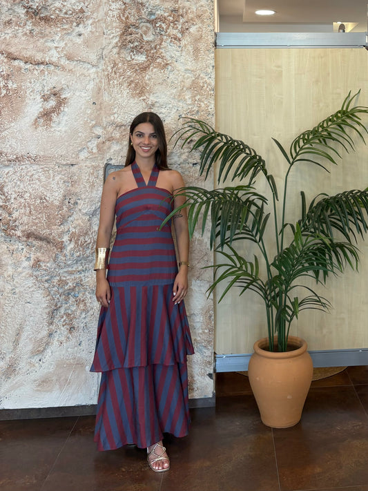 VESTIDO LARGO  RAYAS VOLANTES AZUL-BURDEOS