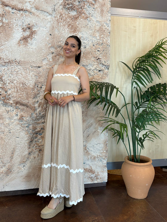 VESTIDO LARGO BEIGE RAYAS BLANCAS