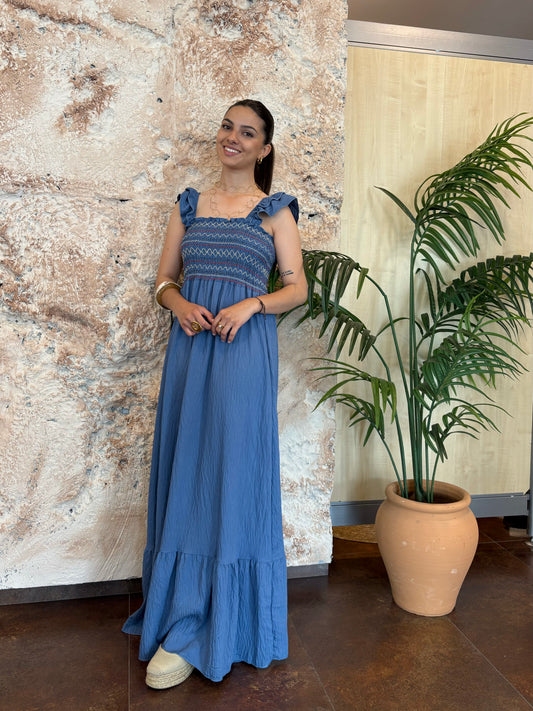 VESTIDO PANEL VOLANTES AZUL