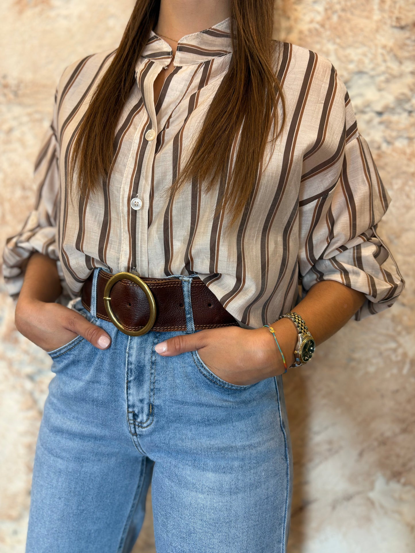 CAMISA FLUIDA BEIGE RAYAS MARRON-CAMEL