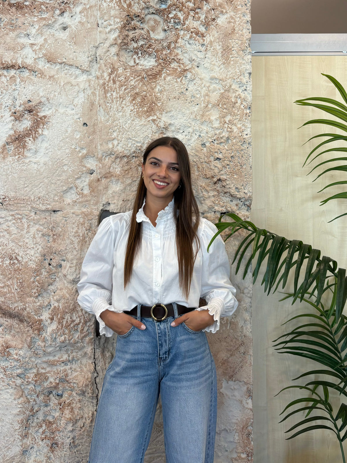 CAMISA CUELLO PANEL DE ABEJA BLANCA