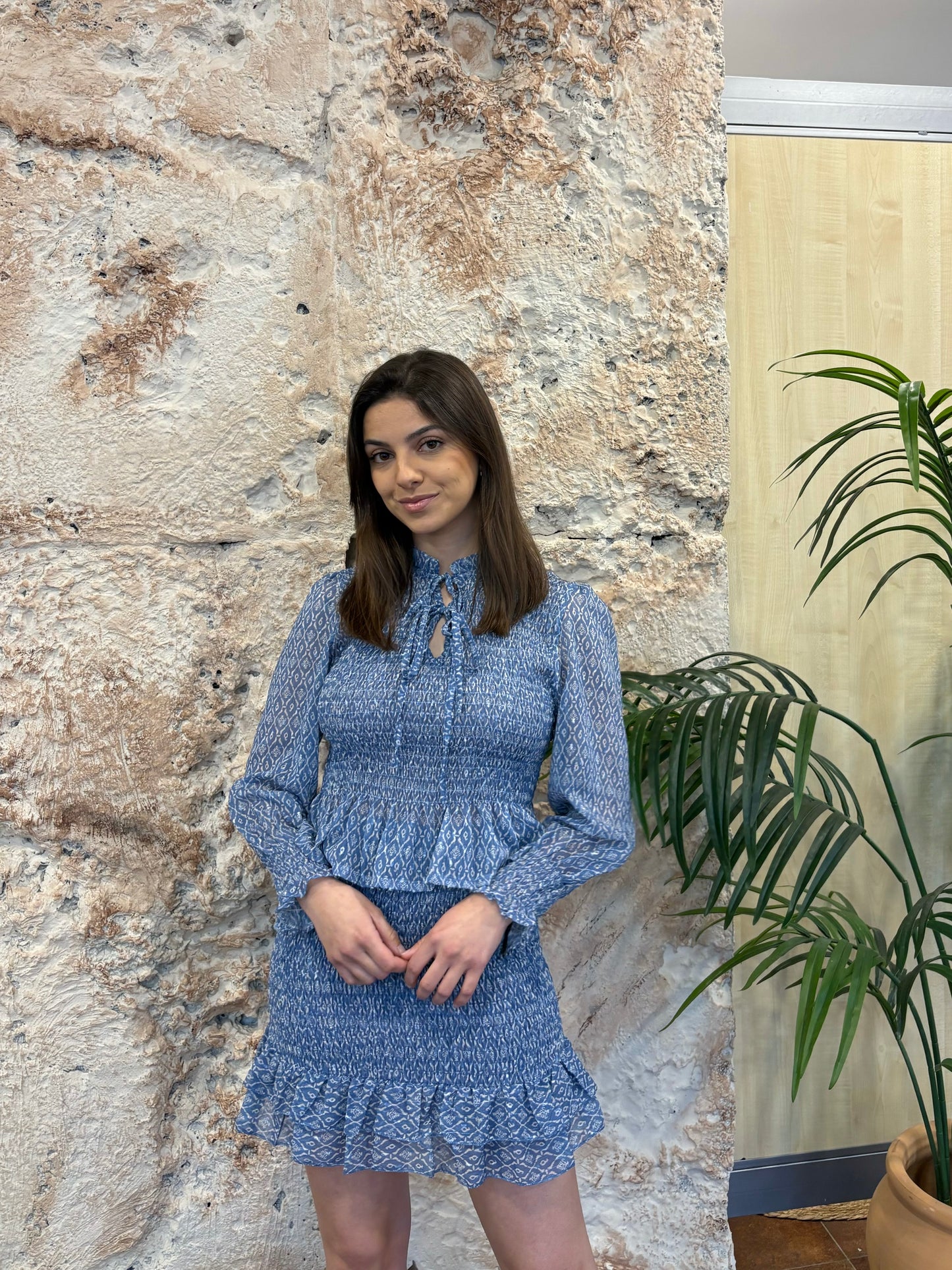 CONJUNTO ESTAMPADO BLUSA+ FALDA CELESTE