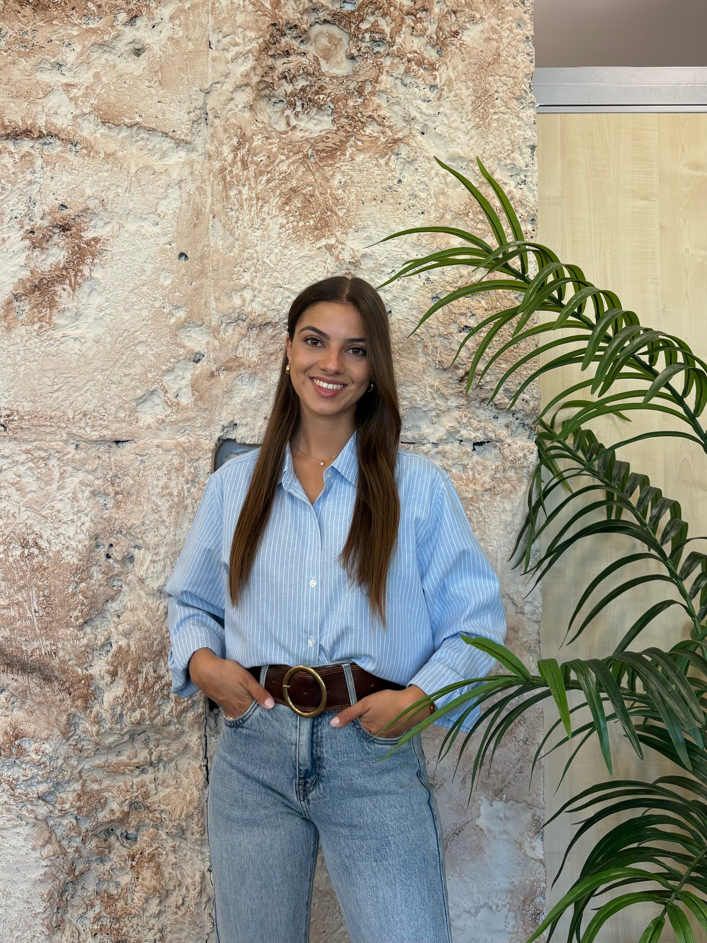 CAMISA OVERSIZE OXFORD RAYAS CELESTE