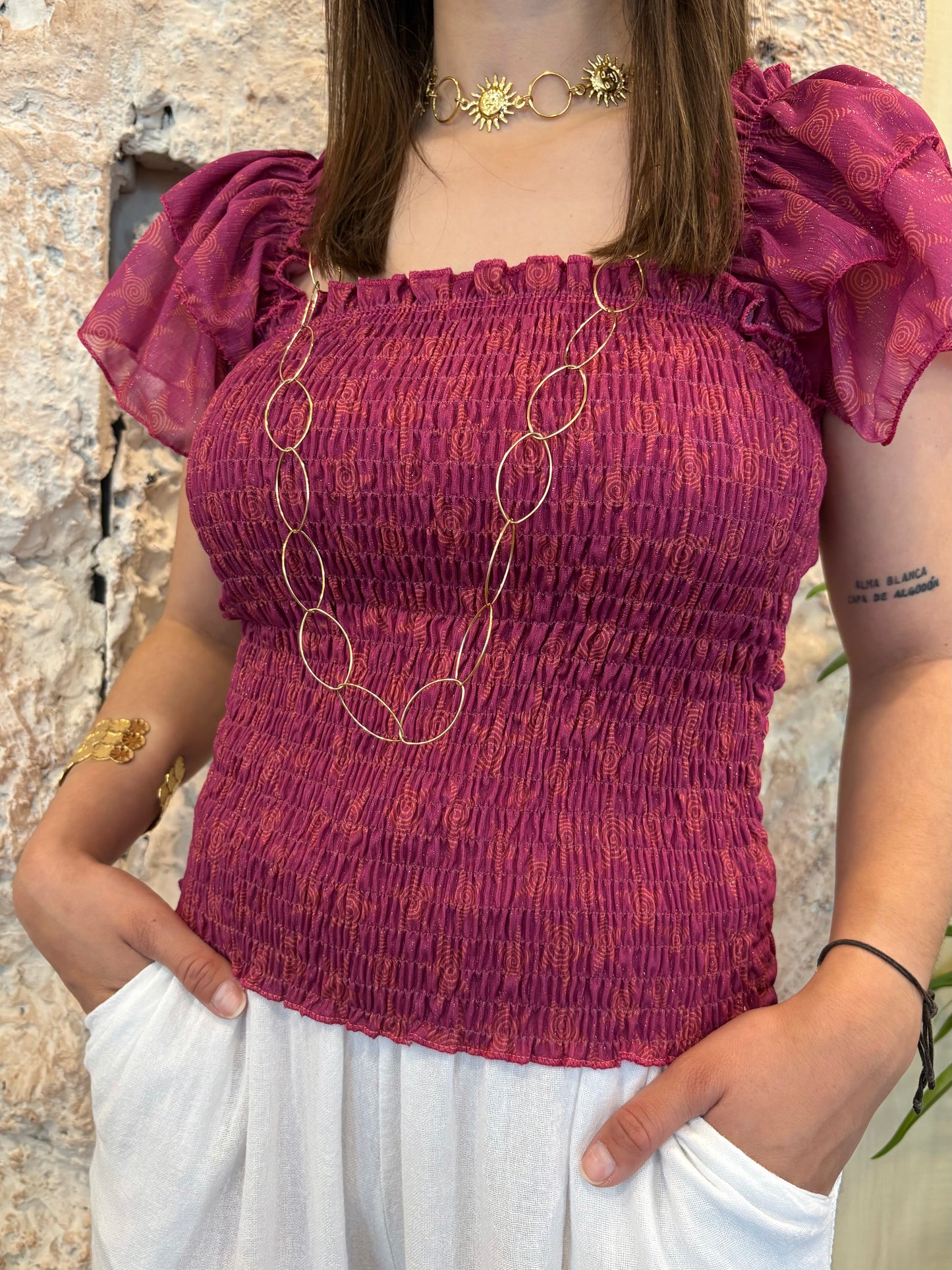BLUSA PANEL ABEJA MANGA VOLANTE ESTAMPADA ROSA-NARANJA