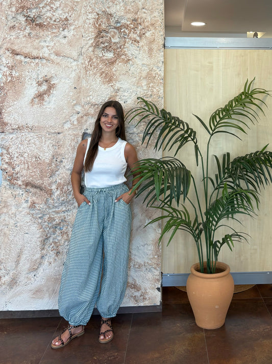 PANTALÓN BOMBACHO VICHY VERDE AGUA