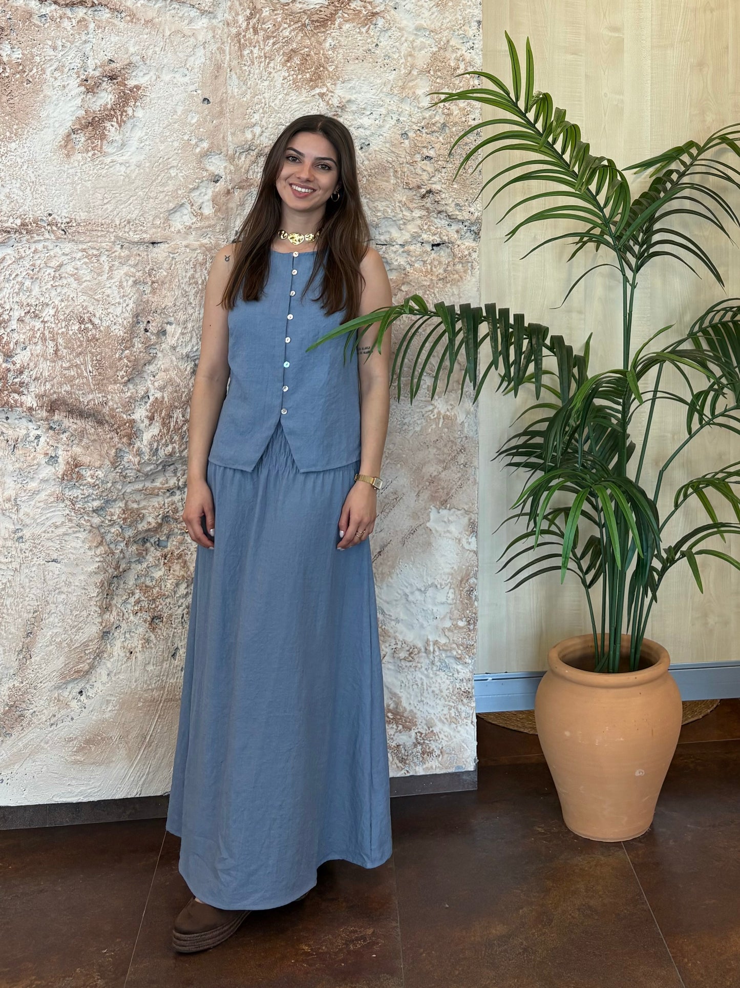 FALDA LARGA EFECTO LINO AZUL