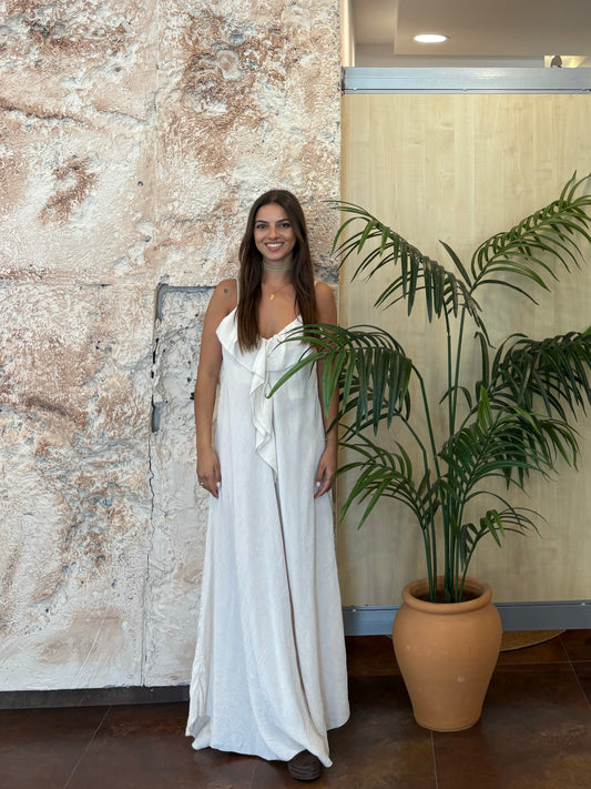 VESTIDO LARGO BAMBULA BEIGE VOLANTE