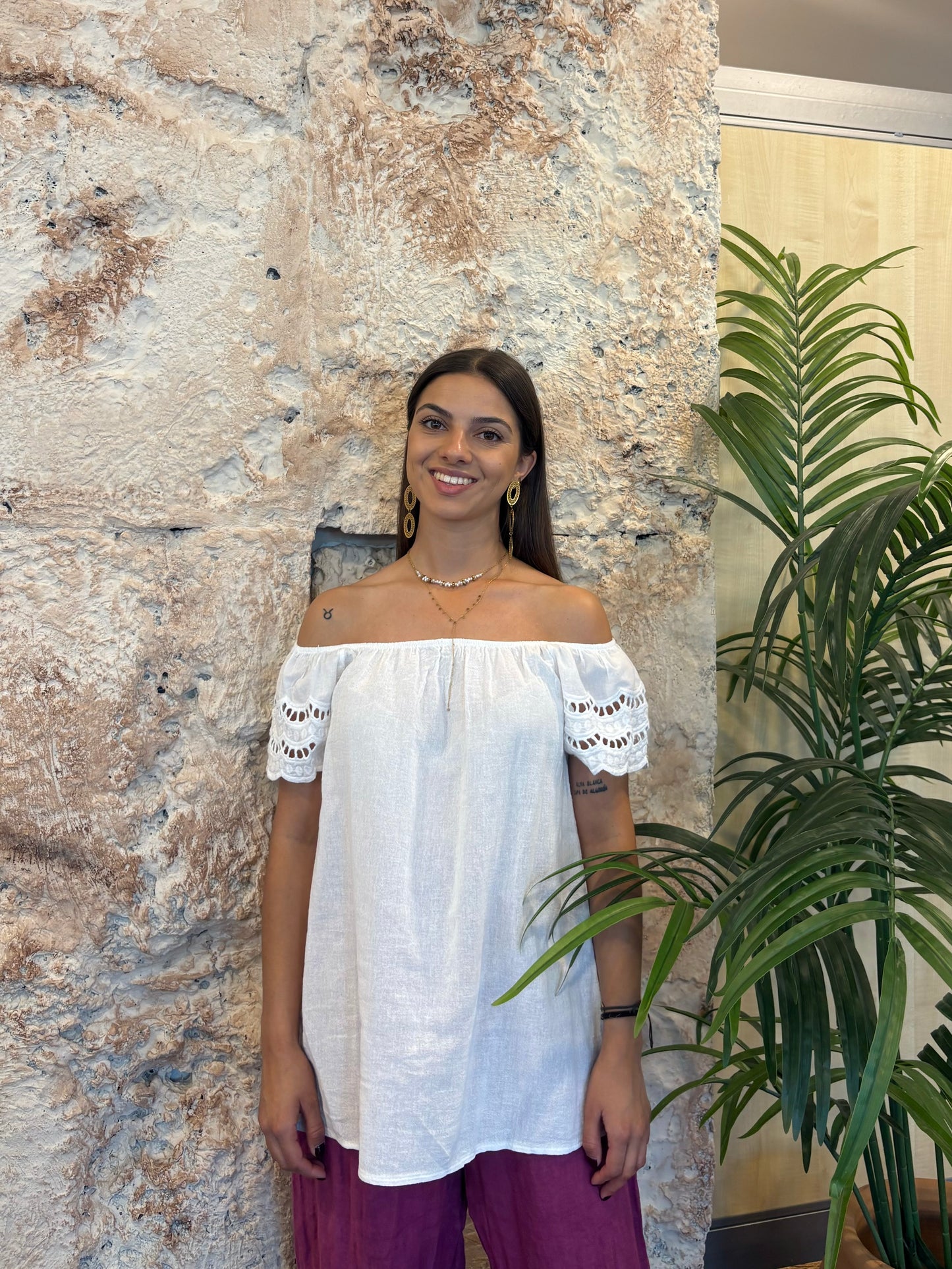 BLUSA EFECTO LINO CALADOS BLANCO