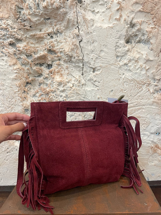BOLSO PIEL BURDEOS FLECOS CUADRADO