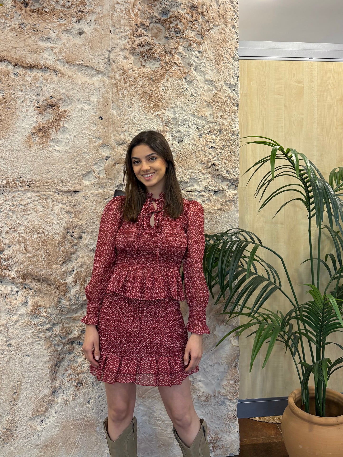 CONJUNTO ESTAMPADO BLUSA+ FALDA ROJO