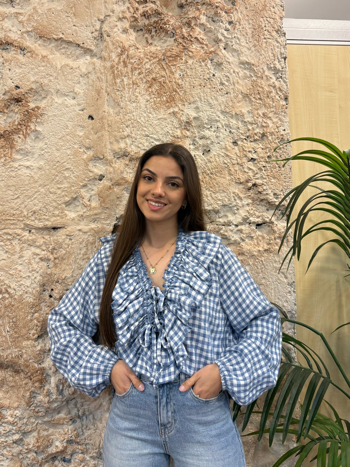 BLUSA VOLANTES VICHY CELESTE