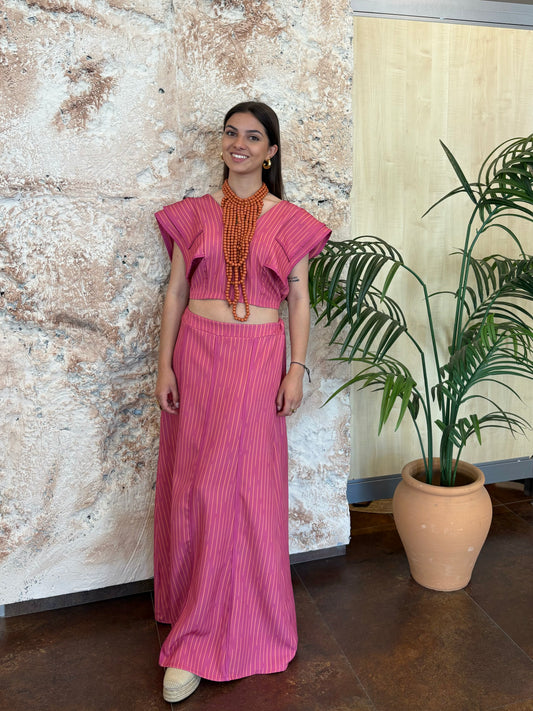 CONJUNTO RAYAS BLUSA-FALDA ROSA-NARANJA