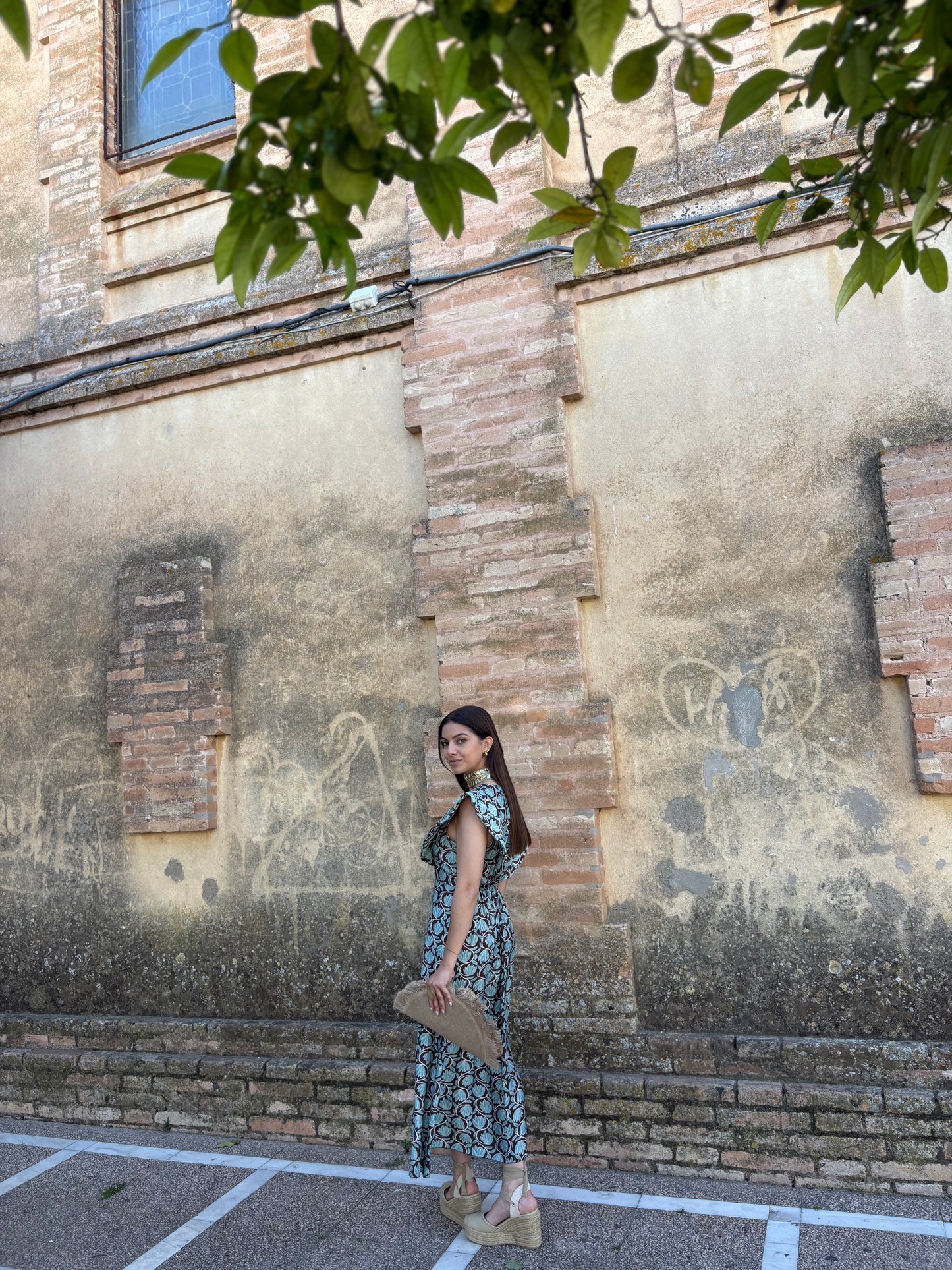 VESTIDO LARGO ESTAMPADO VERDE AGUA-MARRÓN