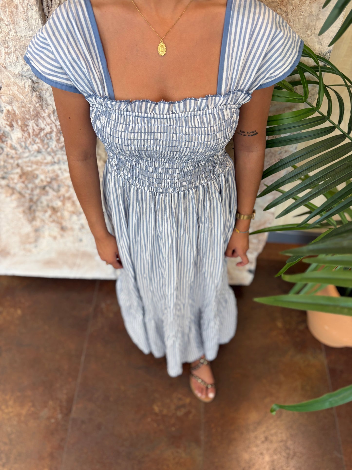 VESTIDO PANEL DE ABEJA RAYAS CELESTE