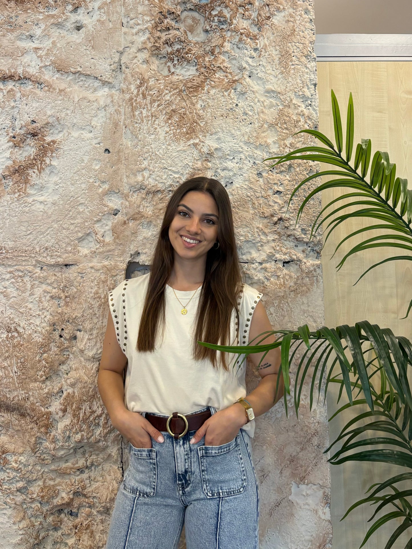 CAMISETA MANGA TACHAS BEIGE
