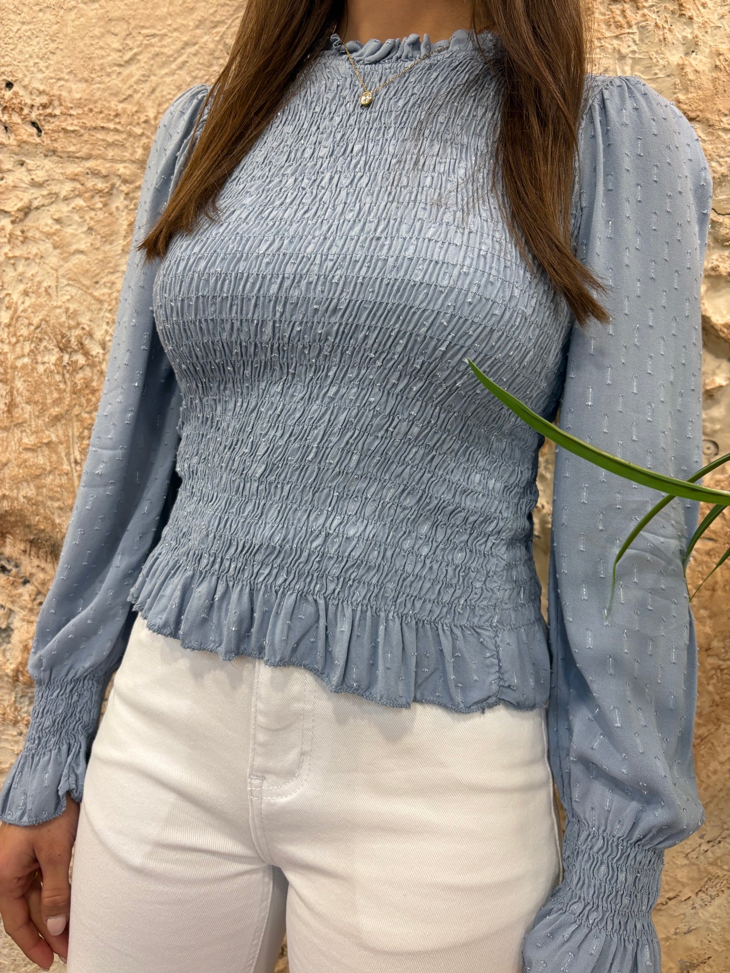 BLUSA PANEL ABEJA CELESTE GLITTER