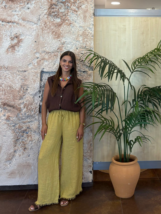 PANTALÓN LINO DESFLECADO AMARILLO