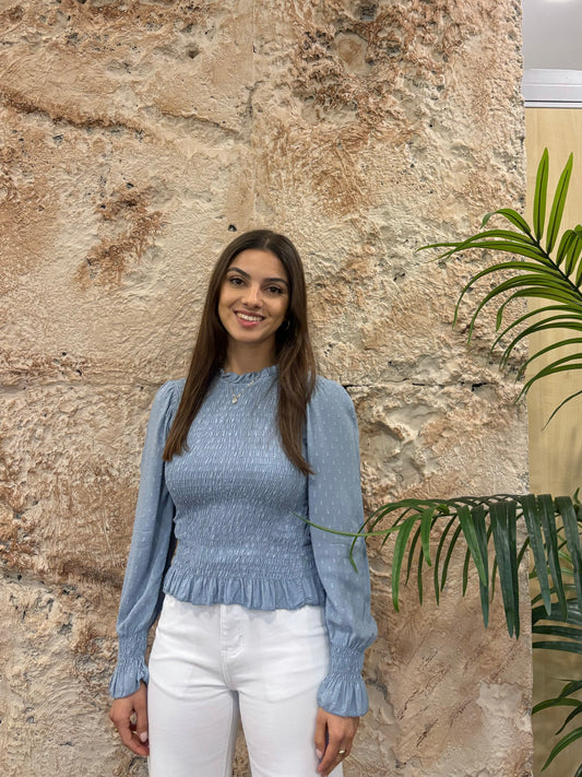 BLUSA PANEL ABEJA CELESTE GLITTER