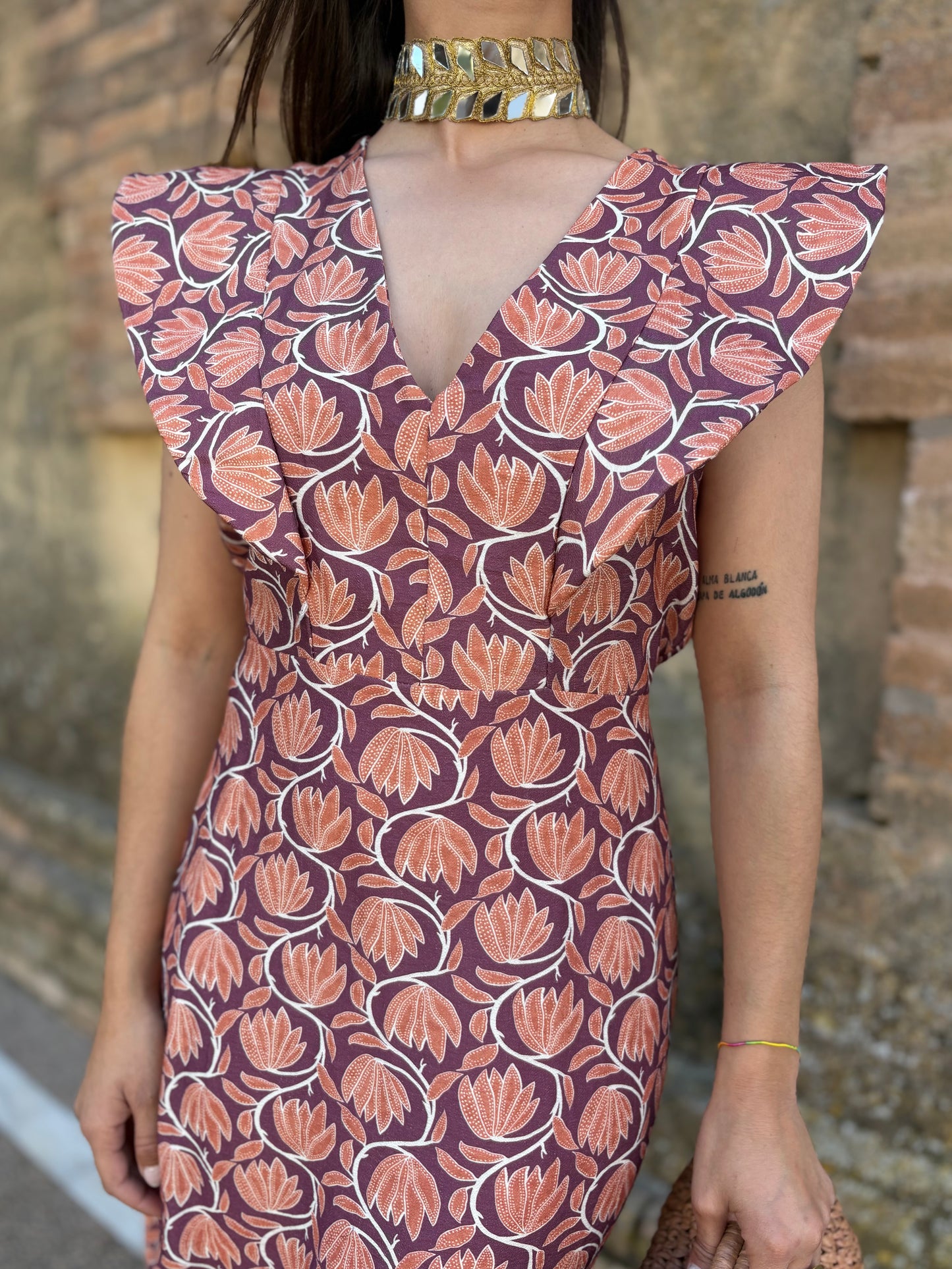 VESTIDO LARGO ESTAMPADO NARANJA-LILA