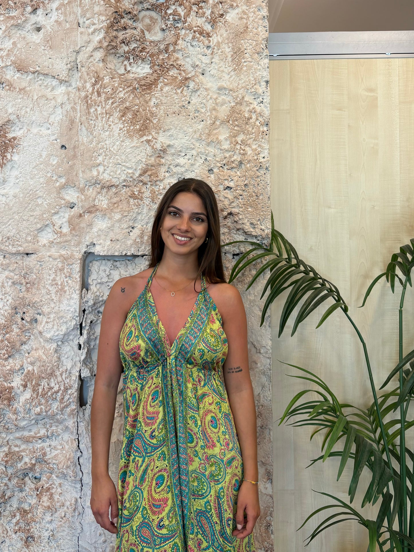 VESTIDO BOHO ESTAMPADO CACHEMIR VERDE LIMA