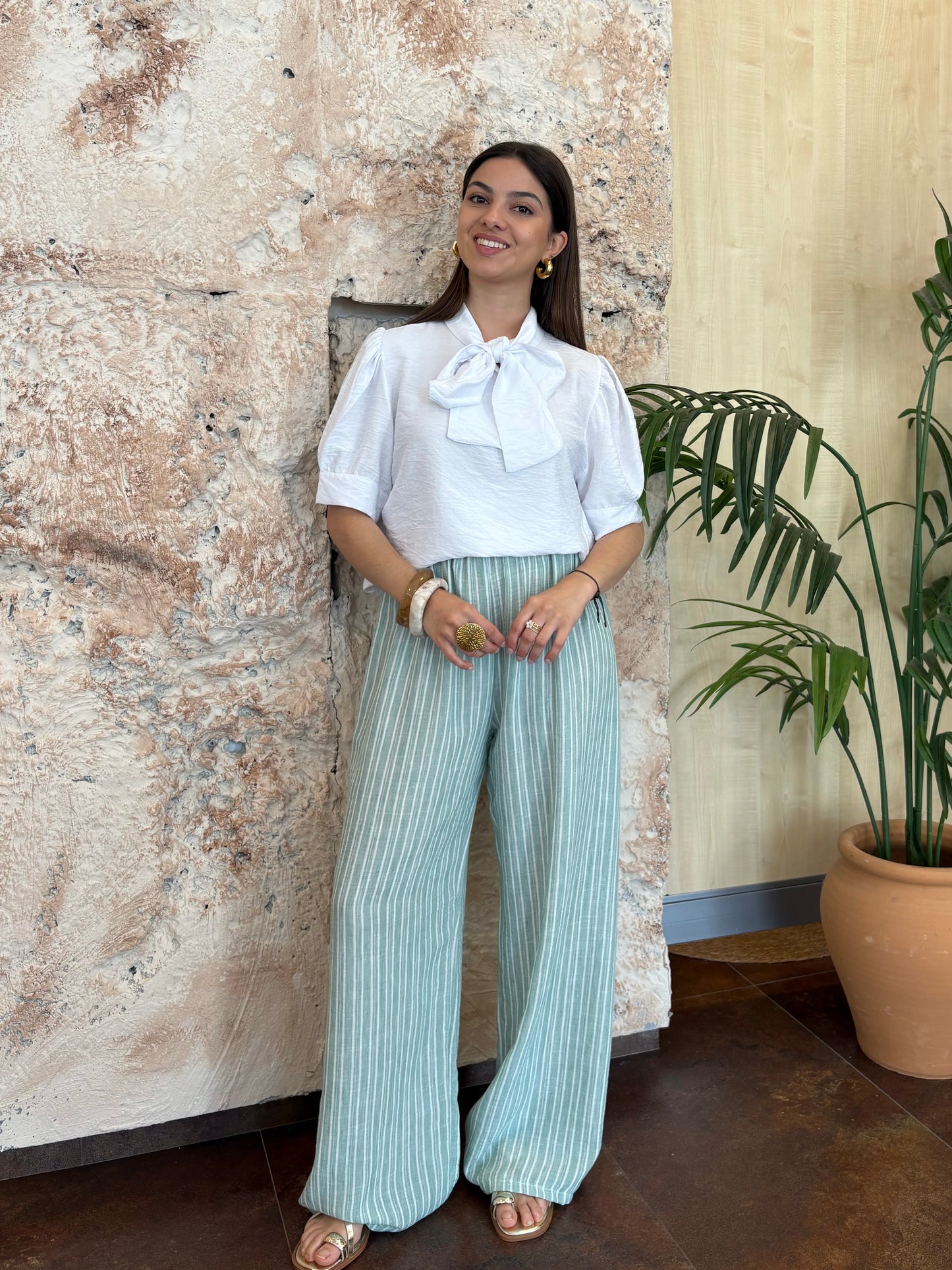 PANTALÓN EFECTO LINO RAYAS VERDE