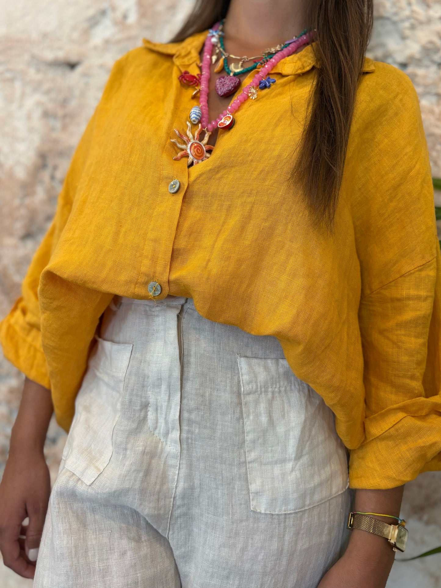 CAMISA LINO MOSTAZA