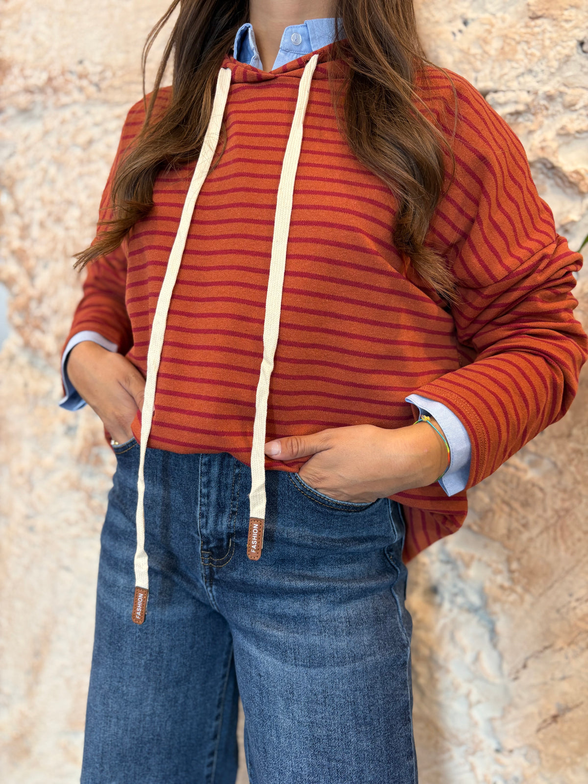 SUDADERA CAPUCHA RAYAS NARANJA- ROSA