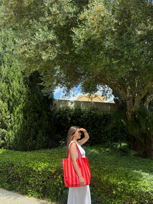 BOLSO SHOPPER TELA RAYAS ROSA-ROJO