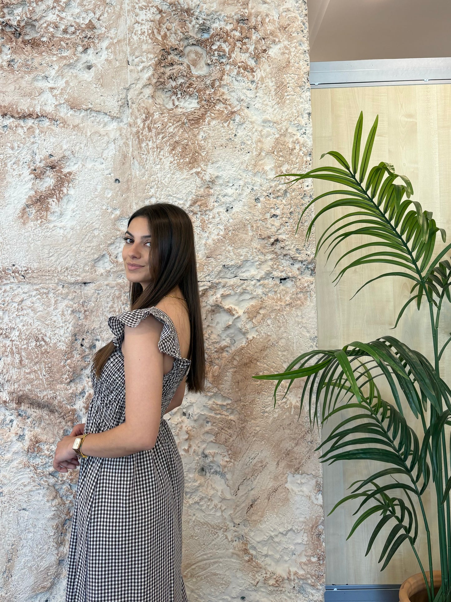 VESTIDO PANEL VICHY MARRÓN