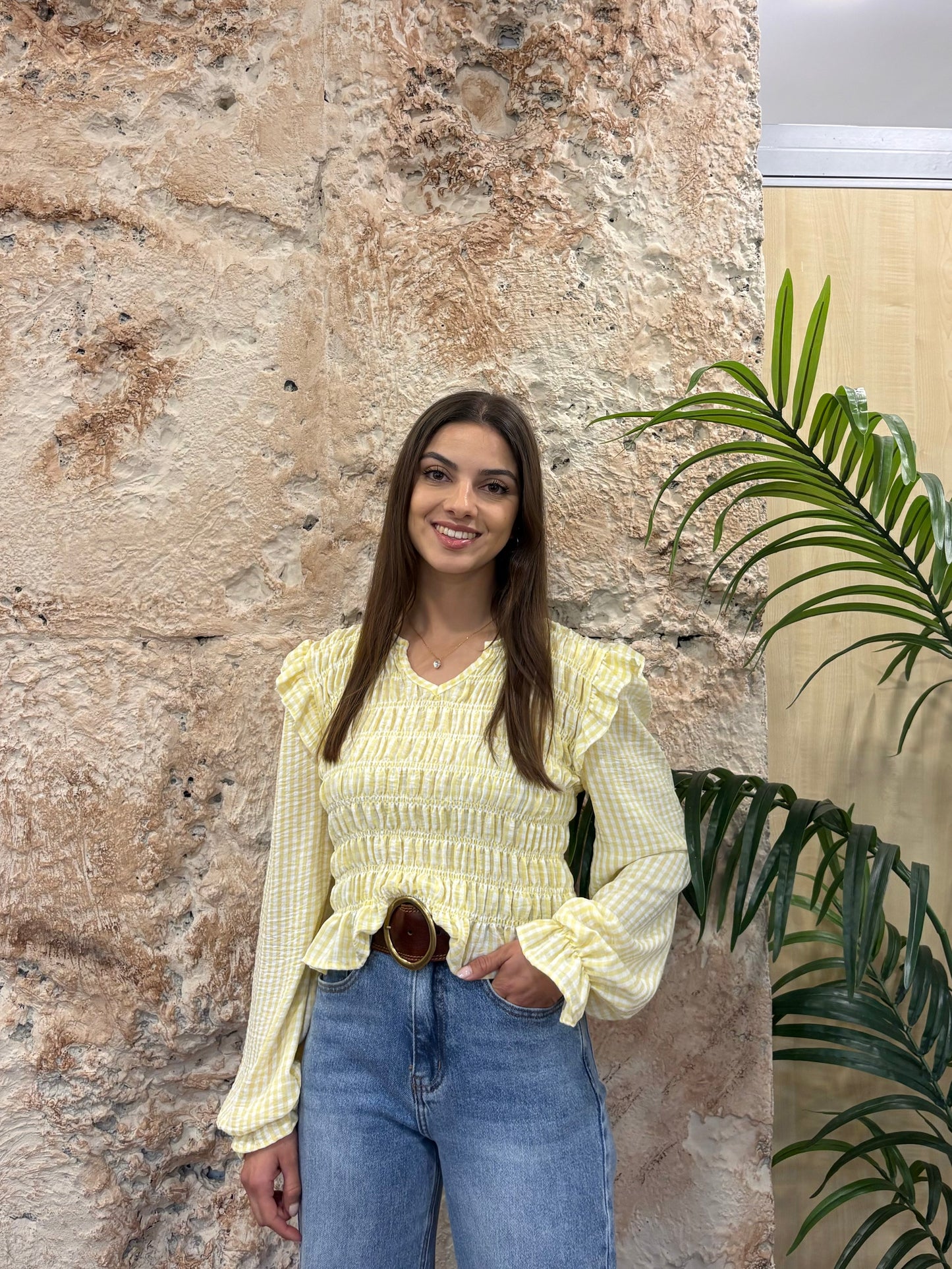 BLUSA PANEL DE ABEJA VICHY AMARILLA