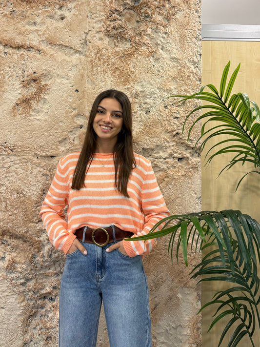 JERSEY HILO RAYAS SALMÓN -BLANCO