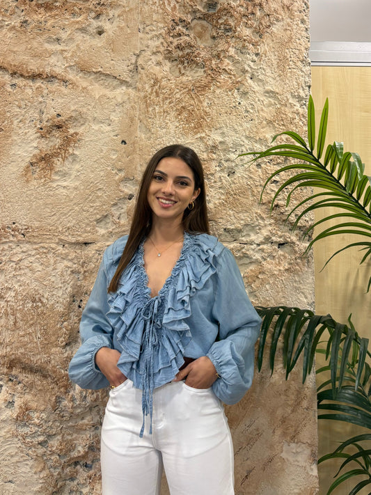 BLUSA DENIM RIZO VOLANTES