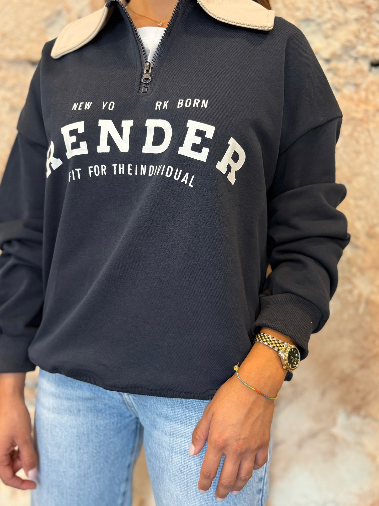 SUDADERA AZUL MARINO CUELLO BEIGE