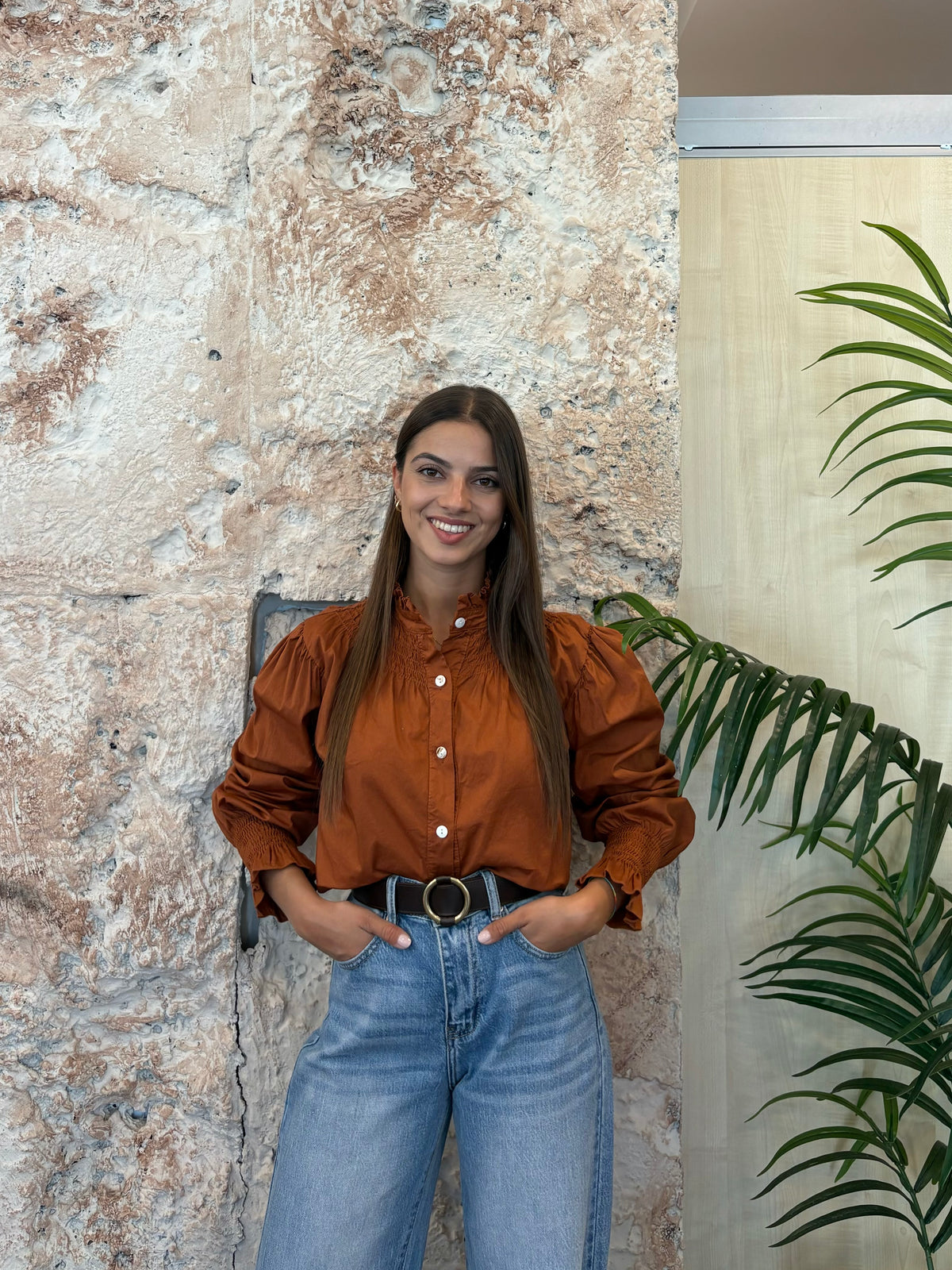 CAMISA CUELLO PANEL DE ABEJA CALDERA