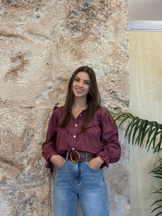 CAMISA CUELLO RIZO PLISADA MORADA