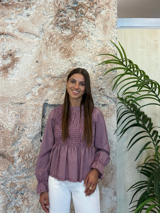 BLUSA PANEL DE ABEJA VICHY FRAMBUESA