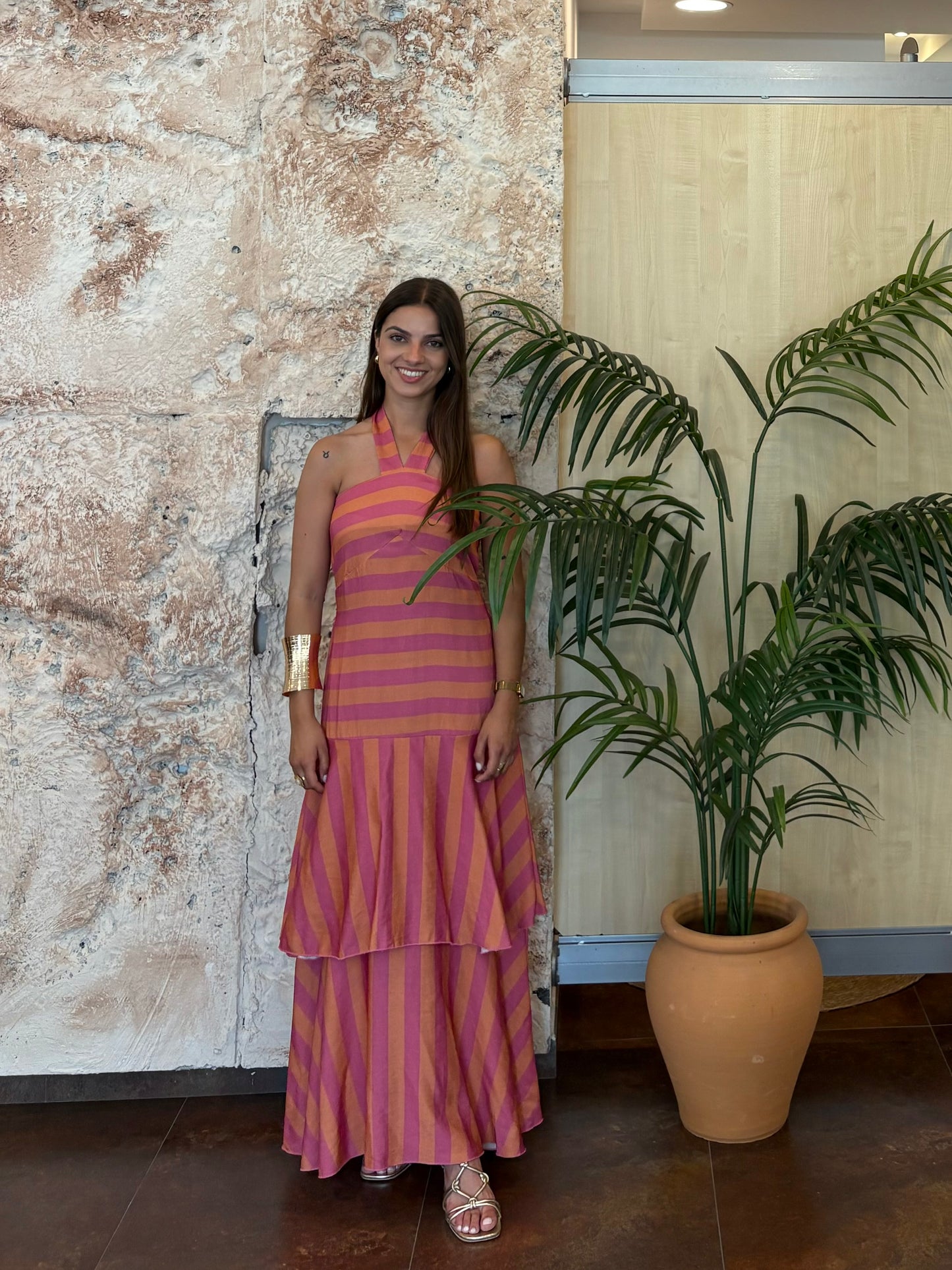VESTIDO LARGO RAYAS VOLANTES ROSA-NARANJA